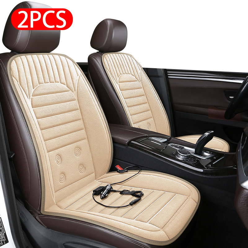 Housse de siège de voiture chauffante en peluche, 12V/24V DC, coussin de siège chauffant à 2 niveaux, siège lombaire, universel, pour véhicules 95%: Beige 2pcs