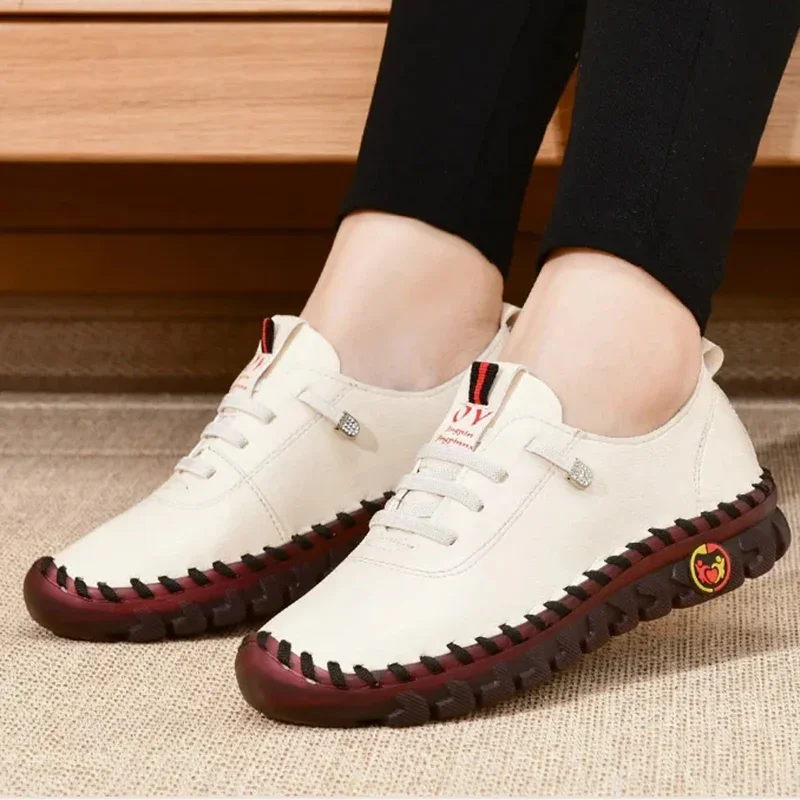Zapatillas De deporte para Mujer, mocasines De cuero, zapatos cómodos sin cordones, hilo De coser a mano, zapatos para mamá, Zapatillas De Mujer