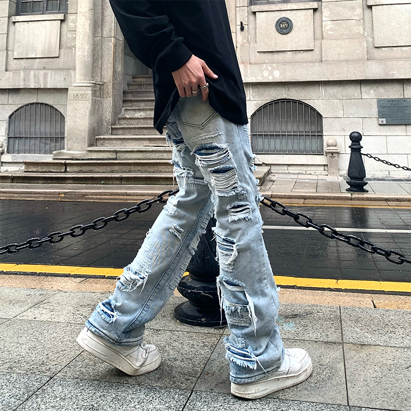 Baggy Jeans Hole Flare Denim Trousers Men Hip Hop Distressed Streetwear Ripped Flared Jeans Biker Tailored Washed Destroyed