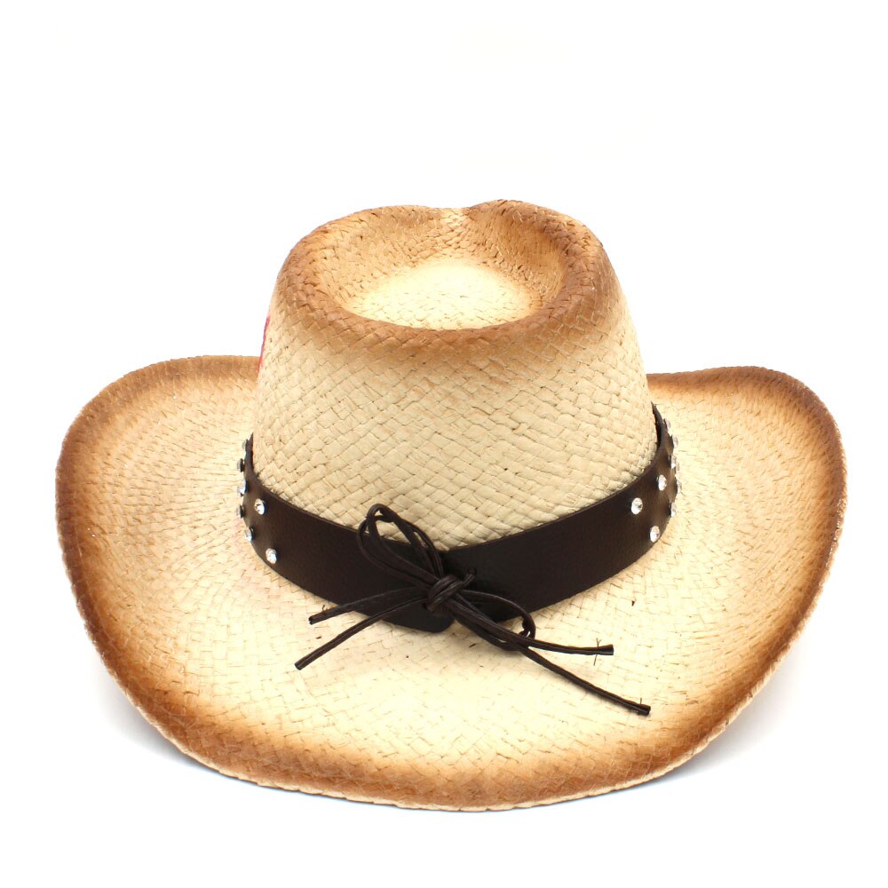Women Men Straw Western Cowboy Hat With Punk Leather Band For Lady Dad Sombrero Hombre Cowgirl Jazz Caps Size 58CM