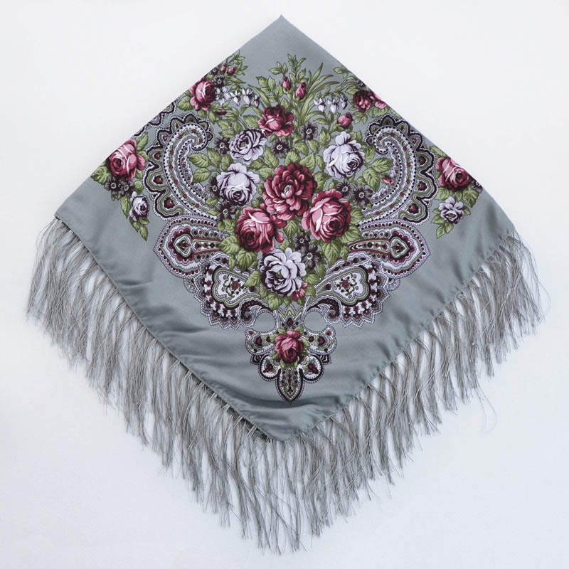 Chal de estilo ruso Pavlovo Posad, chal Vintage con estampado Floral, hiyab, bufanda con borlas, 35*35 '',: grey