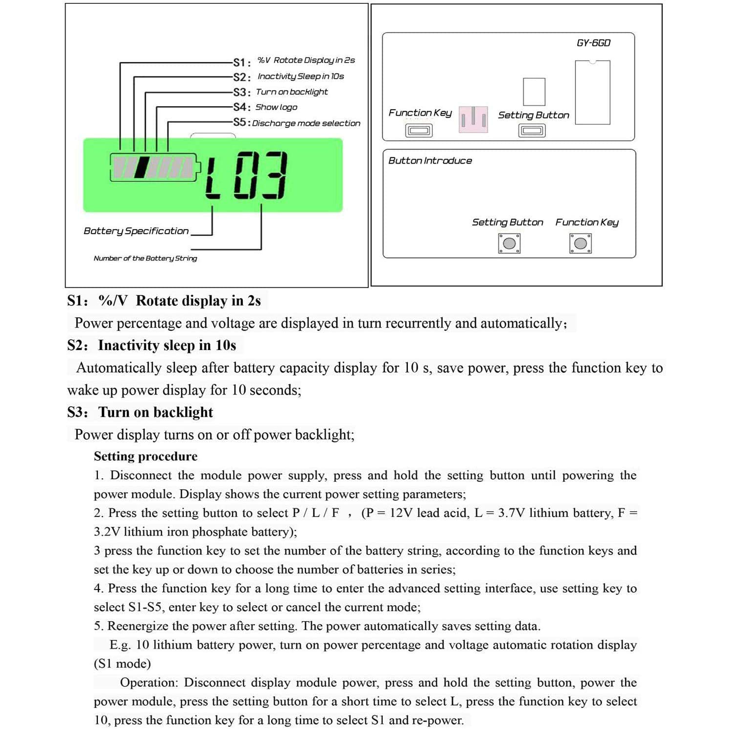 DC 12V 24V 36V 48V 72V Battery Capacity Voltage Meter with Alarm, Battery Capacity Gauge Indicator, Battery Indicator Monitors