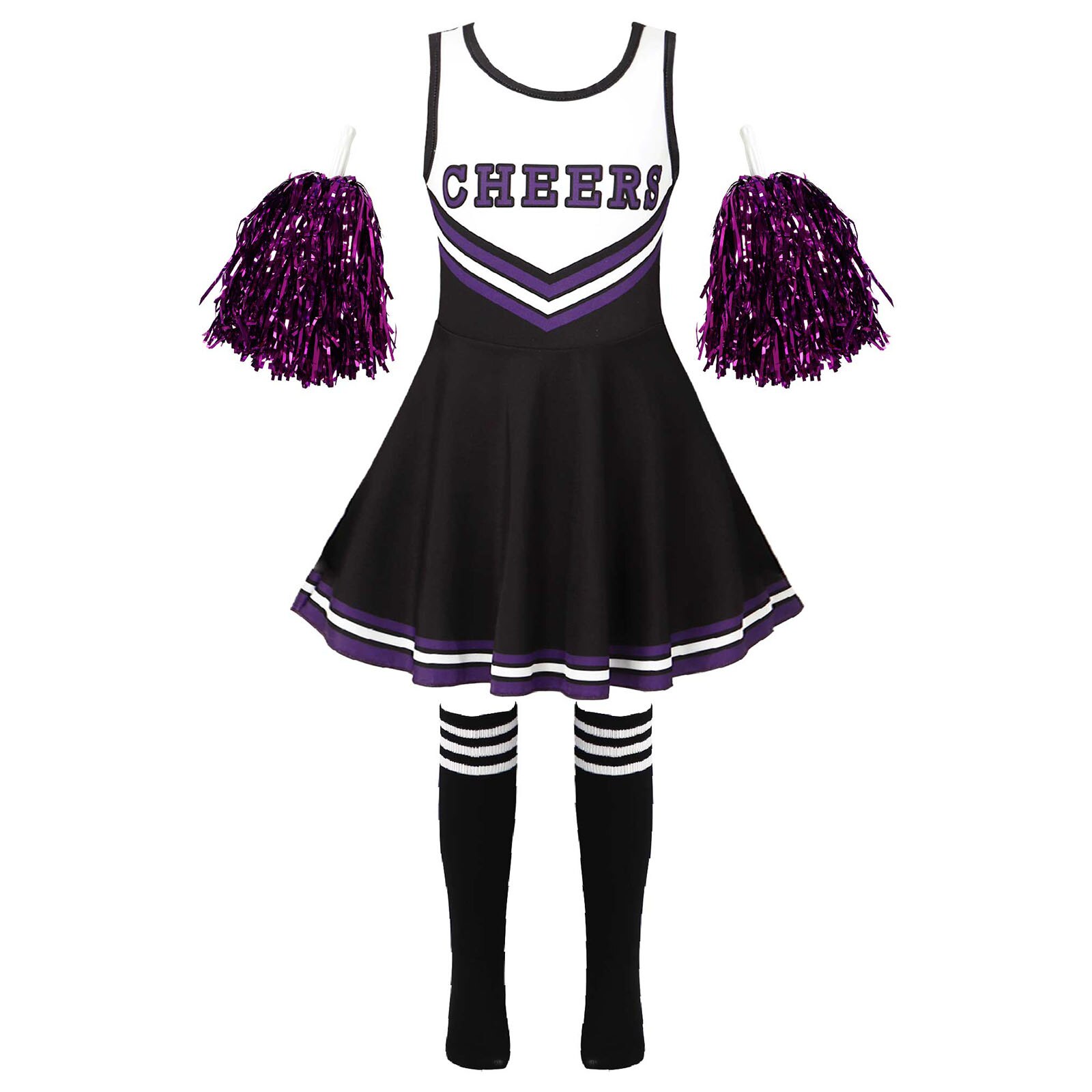 Kids Girls Cheerleading Uniform Dance Costume leeveless Round Neckline Letter Print Dance Dress Cheerleading Flower and Socks: Black / 140