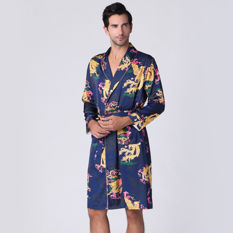 Herre morgenkåber silkeagtig kjole langærmet natkjole mænd kimono silkekåbe mænd pyjamas badekåbe mænd søvnbeklædning sleepman silke badekåbe: Marine blå / Xl