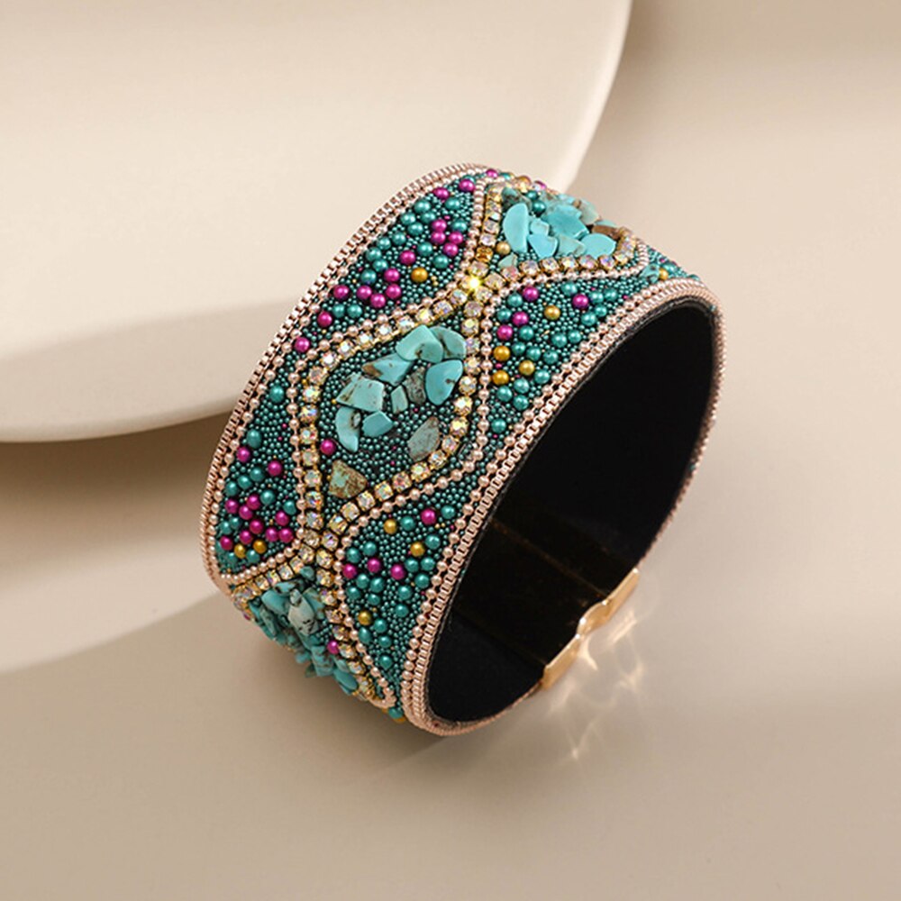 Brede Leren Strass Armband &amp; Bangle Met Magnetische Sluiting Handgemaakte Kleurrijke Crystal Bohemian Lederen Sieraden Voor Vrouwen