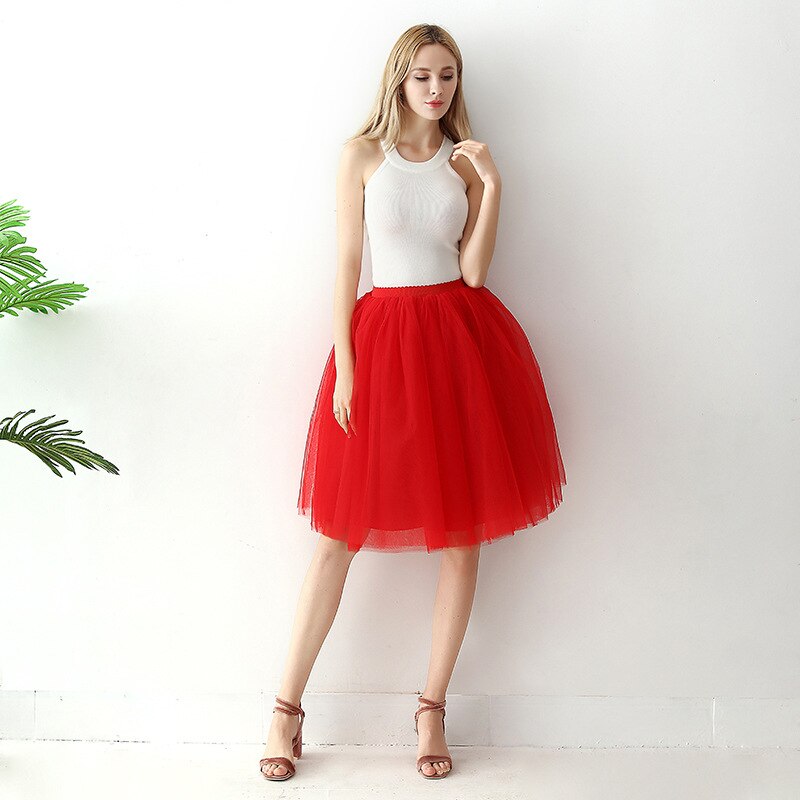 Kleurrijke prinses bruiloft planning dames a-lijn korte knielengte 6- lagen tutu tule galafeest rok  cq057: Rood
