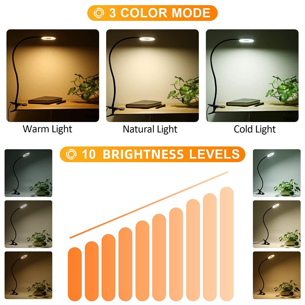 Lampada da scrivania a 48 LED con clip USB Lampada da libro da comodino 360 ° Lampada da scrivania mini clip-on a LED Luce notturna flessibile Luminosità regolabile a 3 livelli