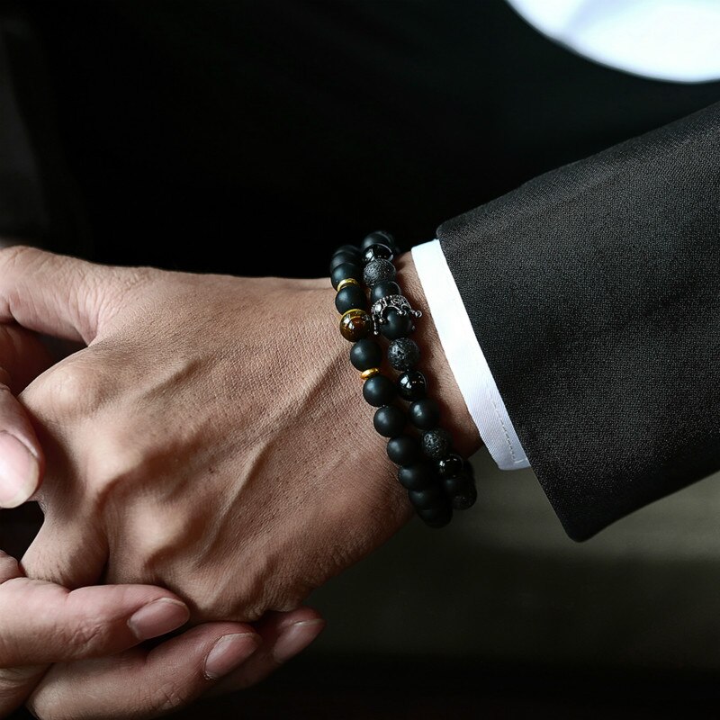 Conjunto de 2 unids/set de pulsera de corona de León para hombre, brazalete clásico de cuentas de piedra de Lava mate, pavé CZ, de joyería: 4