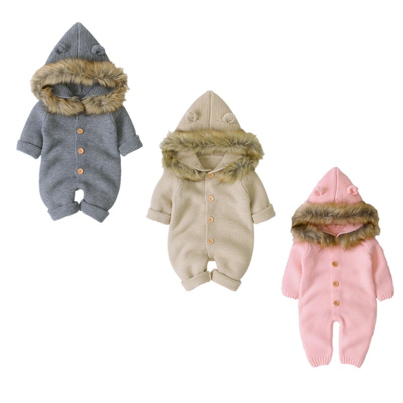 3 Kleuren Kids Meisje Jongen Warme Kleding Gebreide Lange Mouwen Hoodie Romper Totale Outfits