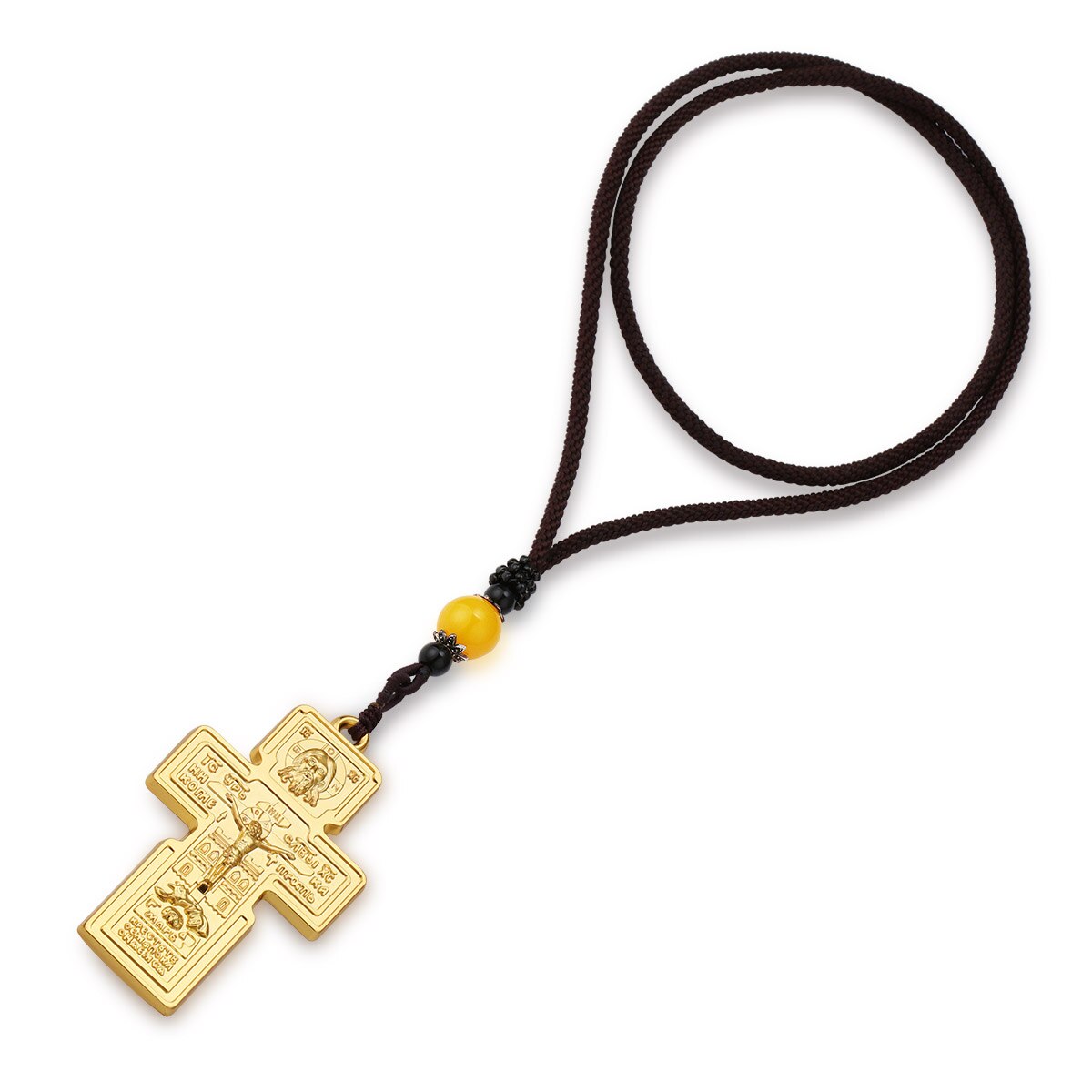 Orthodoxe Jezus Christus Kruis Hanger Kruisbeeld Pantocrator Christelijke Ketting Voor Mannen Gevlochten Touw Ketting Kerk Bid Sieraden: Gold Color