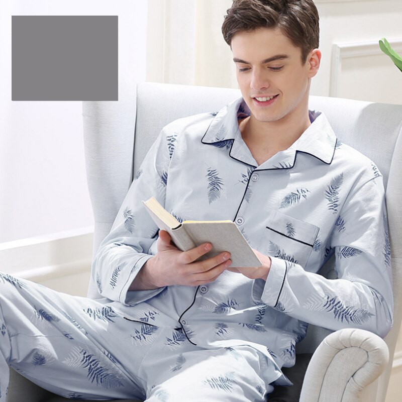 100%  bomulls pyjamas för män 2 stycken lounge nattkläder pyjamas rutig höst sänglinne hem kläder man pjs ren bomull pyjamas set: 825 grå / L