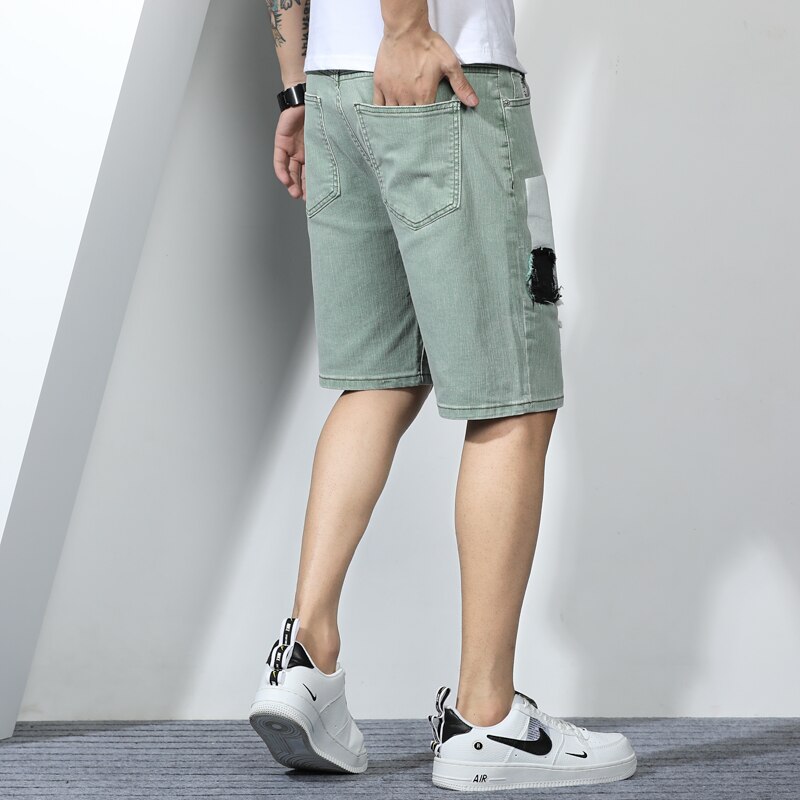 Summer Selling Male Jeans Shorts Green Stitching Embroidery Ripped Hole Denim Shorts Men's Clothing