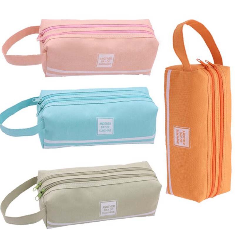 1Pcs Square Pencil Box Pencil Case Large Capacity Double Layer Students Solid Fabric Pen Bag