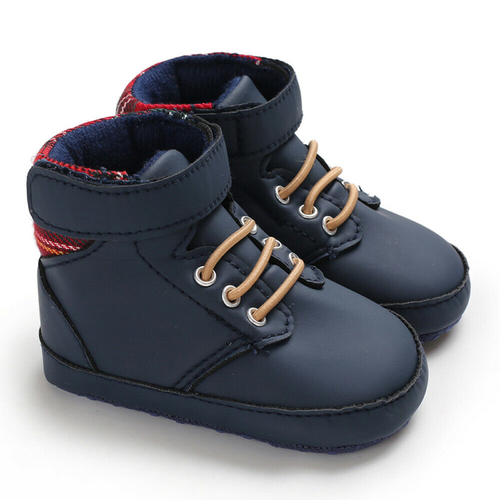 Mode Winter Peuter Meisjes Jongens Laarzen Lace-up Crib Schoenen PU Leer Plaid Pasgeboren Baby Prewalker Zachte Zool sneakers: Blauw / 13-18 months