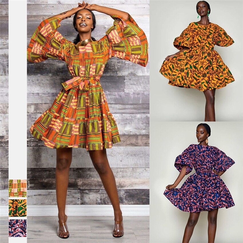 Langarm Kleid Frauen Afrikanische Kleidung Floral Print Dashiki Bazin Kurzen Rock Set mit Gürtel Trompete Hülse Kleider Neue