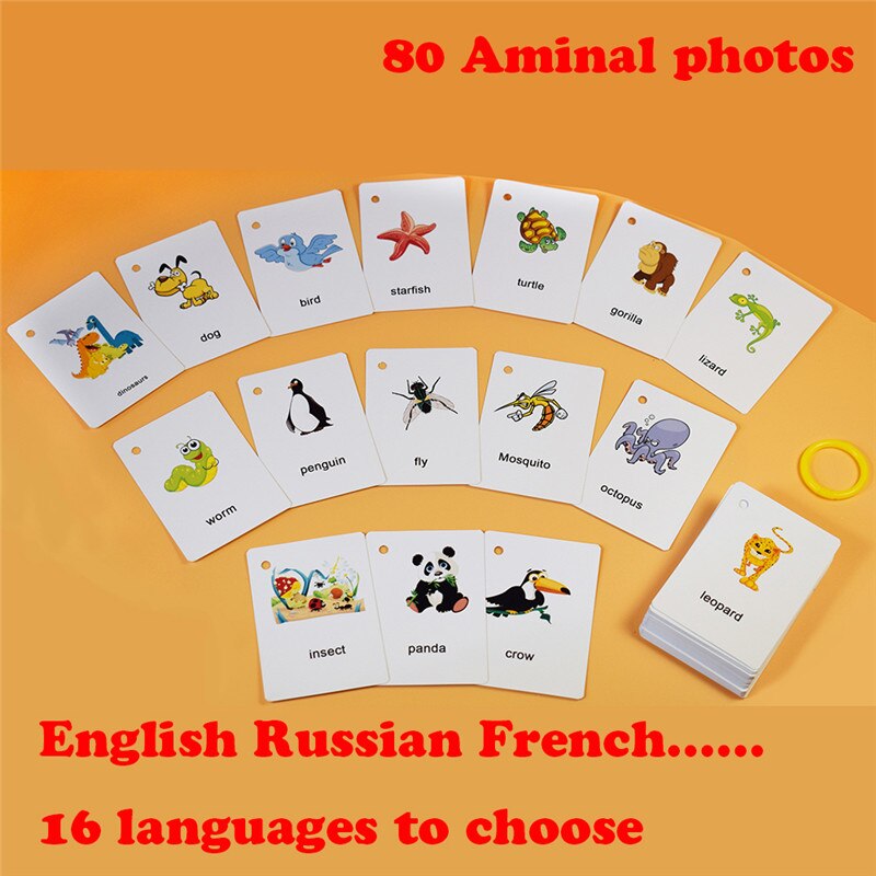 Apprendimento 80 Animali, Englih Flash Carte di Apprendimento Educativo Regalo Giocattoli Per I Bambini Bambini Con Il Tedesco Russo Spagnolo Francese