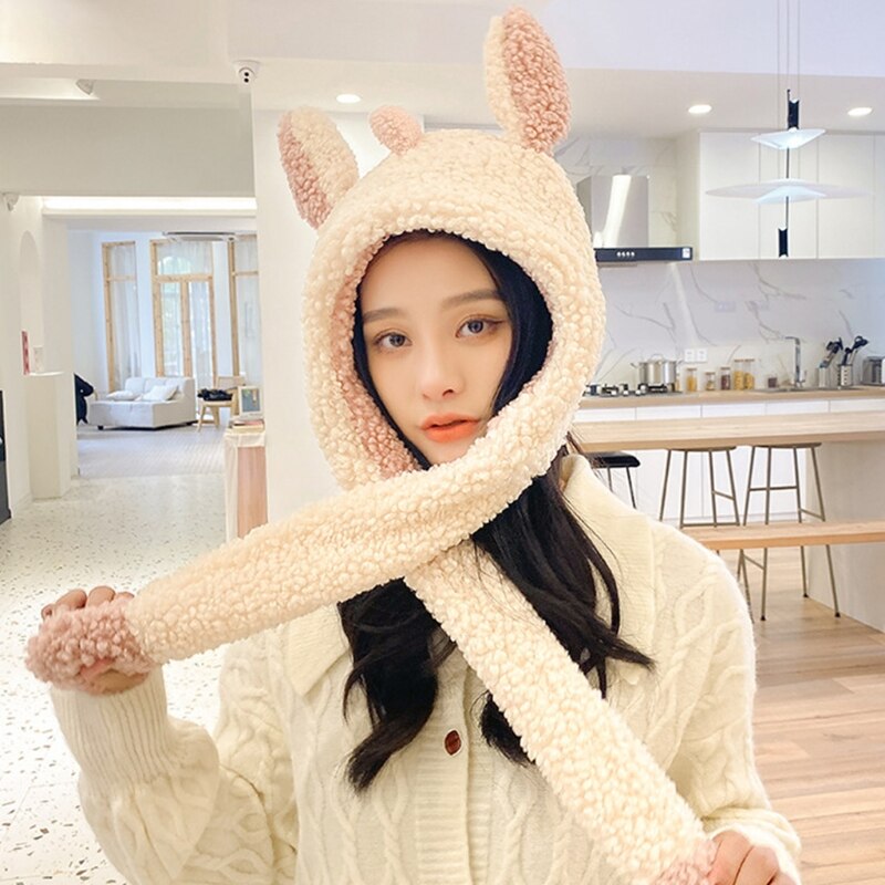 896E Kawaii Cartoon Dinosaur Movable Ears Hat Women Cute Warm Thick Warm Hoodies Neck Scarf with Windproof Winter Autumn