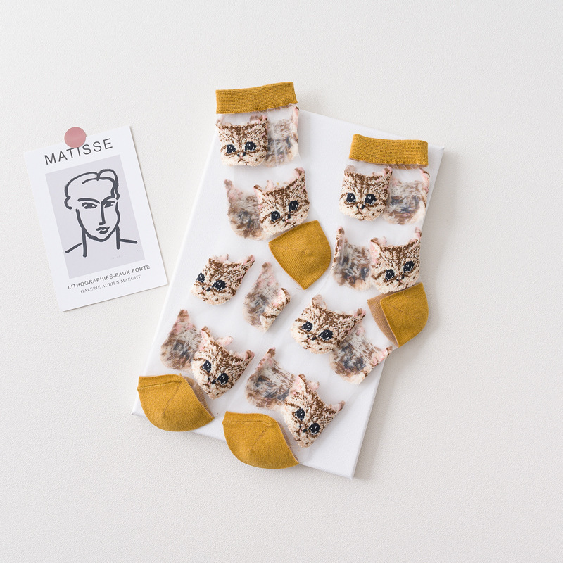 Femmes Transparent mignon chat chaussettes Kawaii dames japonaise coréenne à la été mince cristal soie chaussette en Fiber de verre bas: Bleu