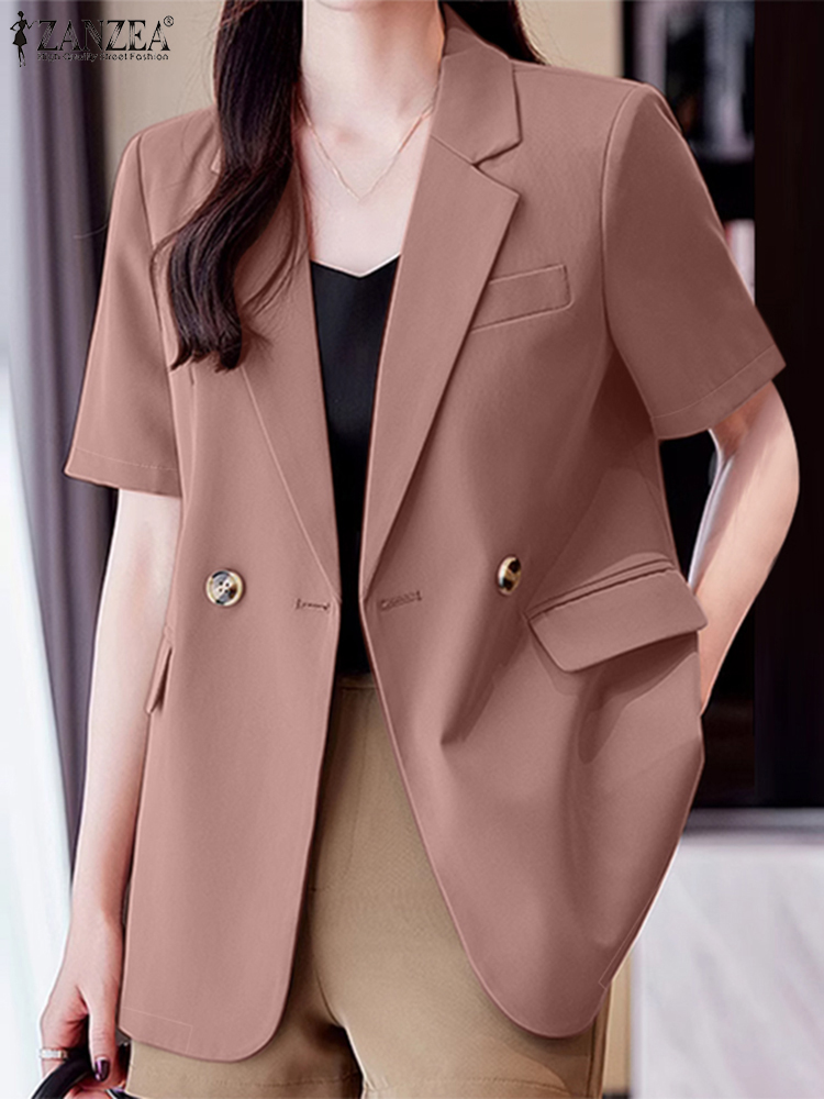 Zanzea dame sommerblazer ensfarvet arbejdsskjorte med revershals og korte ærmer, blazer med jakkesæt, afslappet bluse med knapper