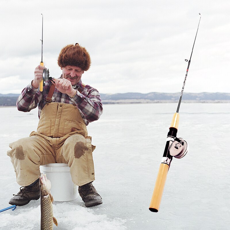 Winter Garnalen Hengels Ijs Hengel Met Reel Elastische Carbon Aas Anti Slip Hout Kleur Handvat Casting Hengel Pesca