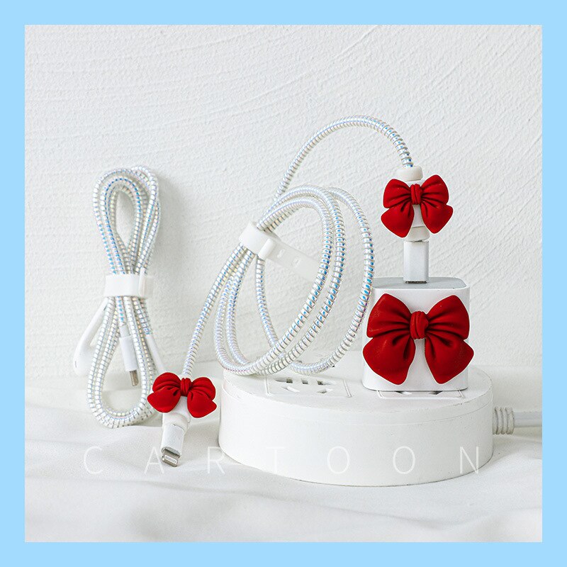 Protector de Cable para iPhone 12, accesorios de cargador USB de 20w, cubierta de cabezal de carga, revestimiento Protector de Cable estrial: Red Bow