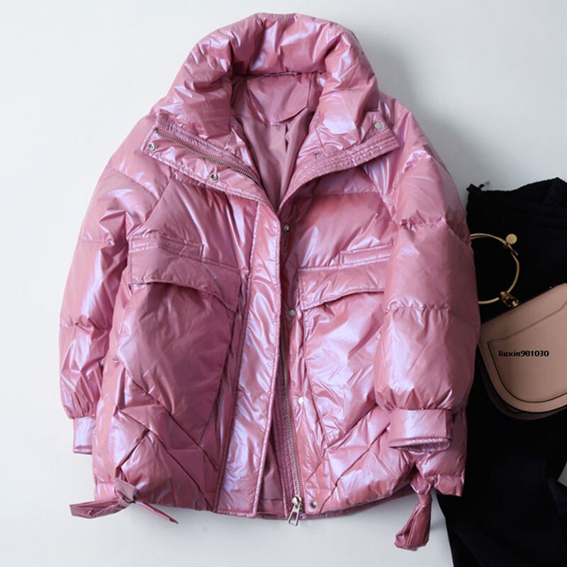 Vinter damejakke lys avslappet løs kåpe varm oversize kvinnelig parka puffed candy farger varm snø ned yttertøy  yr92: Rosa / M
