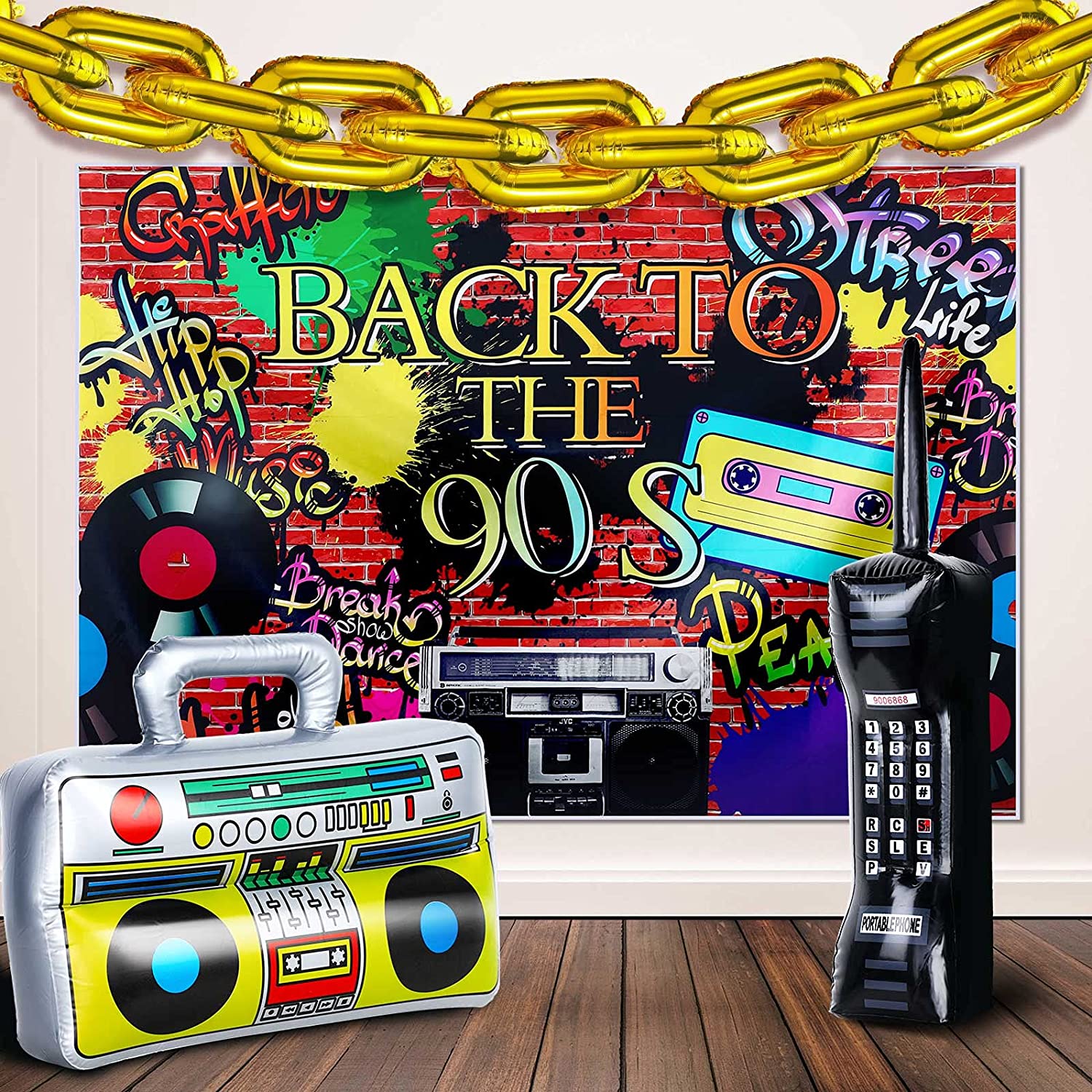 Oppustelig radio boombox og oppustelig mobiltelefon box til 80s 90s fest indretning rapper hip hop tema fødselsdag ballon legetøj