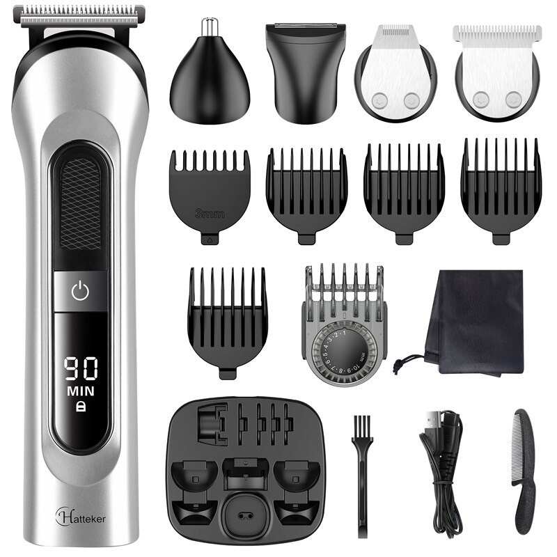 Hatteker Tondeuse Waterdichte Man Kapper 5 In 1 Tondeuse Snoerloze Elektrische Scheerapparaat Body Grooming Kit: Zilver