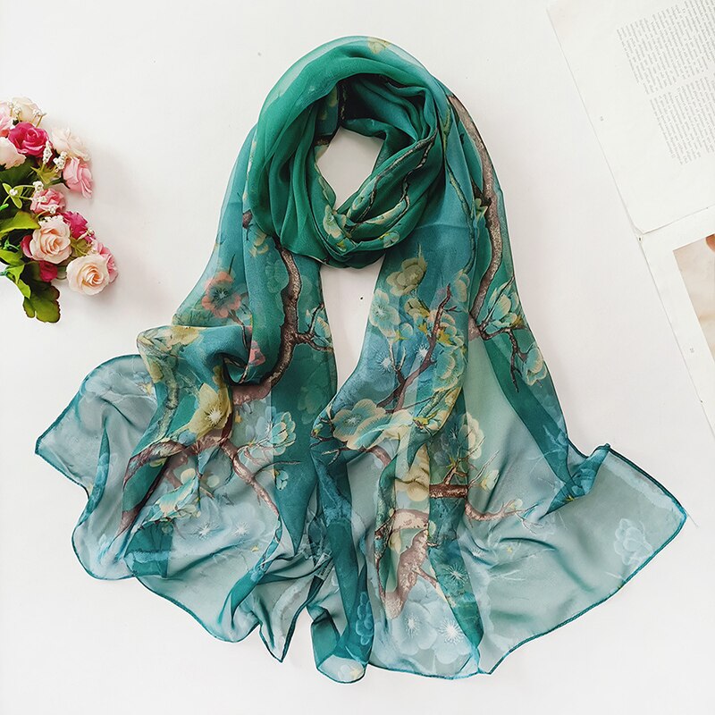 Mode Zon Zijden Sjaal Vrouwen Bloem Georgette Bandana Elegante Zee Strand Shawl Soft Hijab Lange Dunne Zijden Sjaal: 3