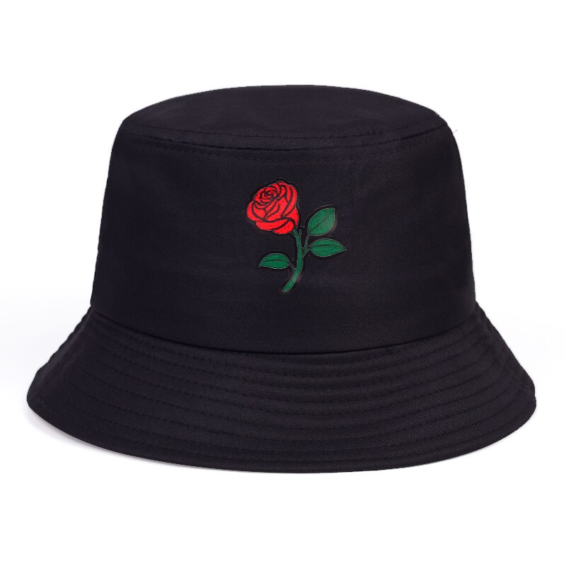 Bomull vill fisker lue rose utskrift bøtte hatter sommer utendørs kvinner reise beskyttelse sol hatter hip-hop panama hatter: Svart