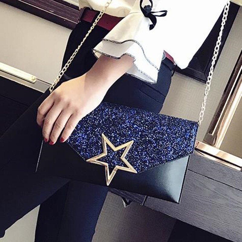 mixtx Women Envelope Clutch Bag Sequin Star Banquet Bag Patchwork Crossbody Wristband Bag Female Messenger Handbags