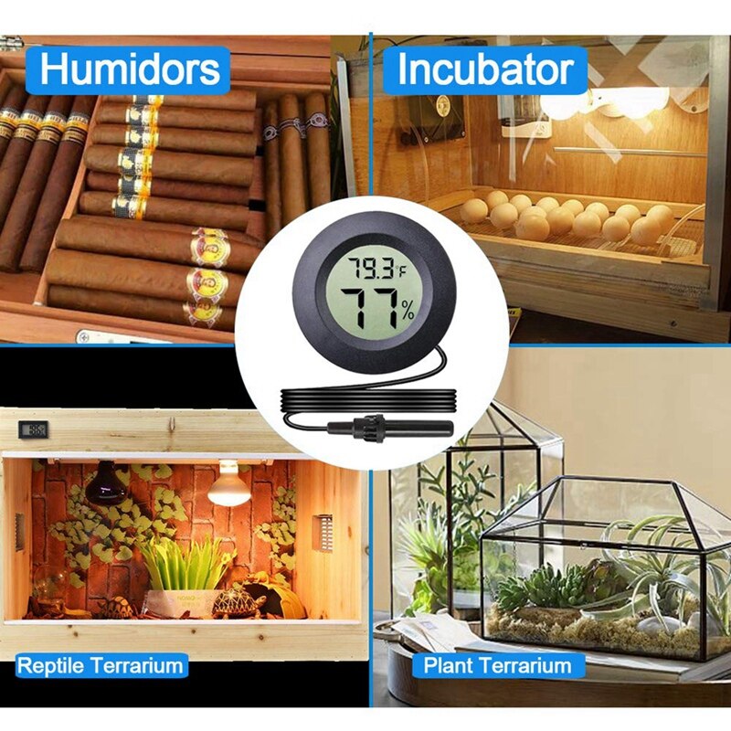 Digital Round Hygrometer Thermometer Gauge with Probe LCD Display Temperature Humidity Meter for Incubator Reptile Plant