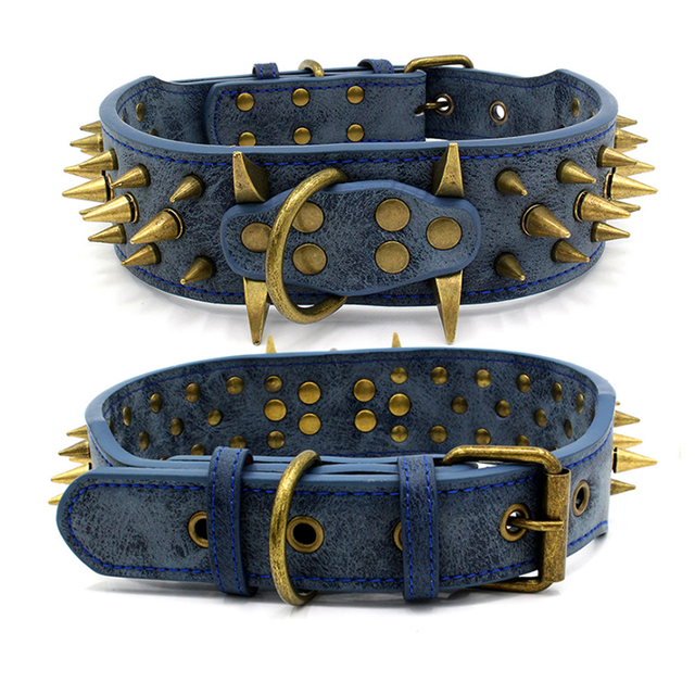 Anti-Bite Neck Large Dog Collar Sharp Nails PU Fashionable Adjustable Collar for Pit Bull Terrier Bully Dog Accessories: Blue / L  (Neck 50 to 62cm)