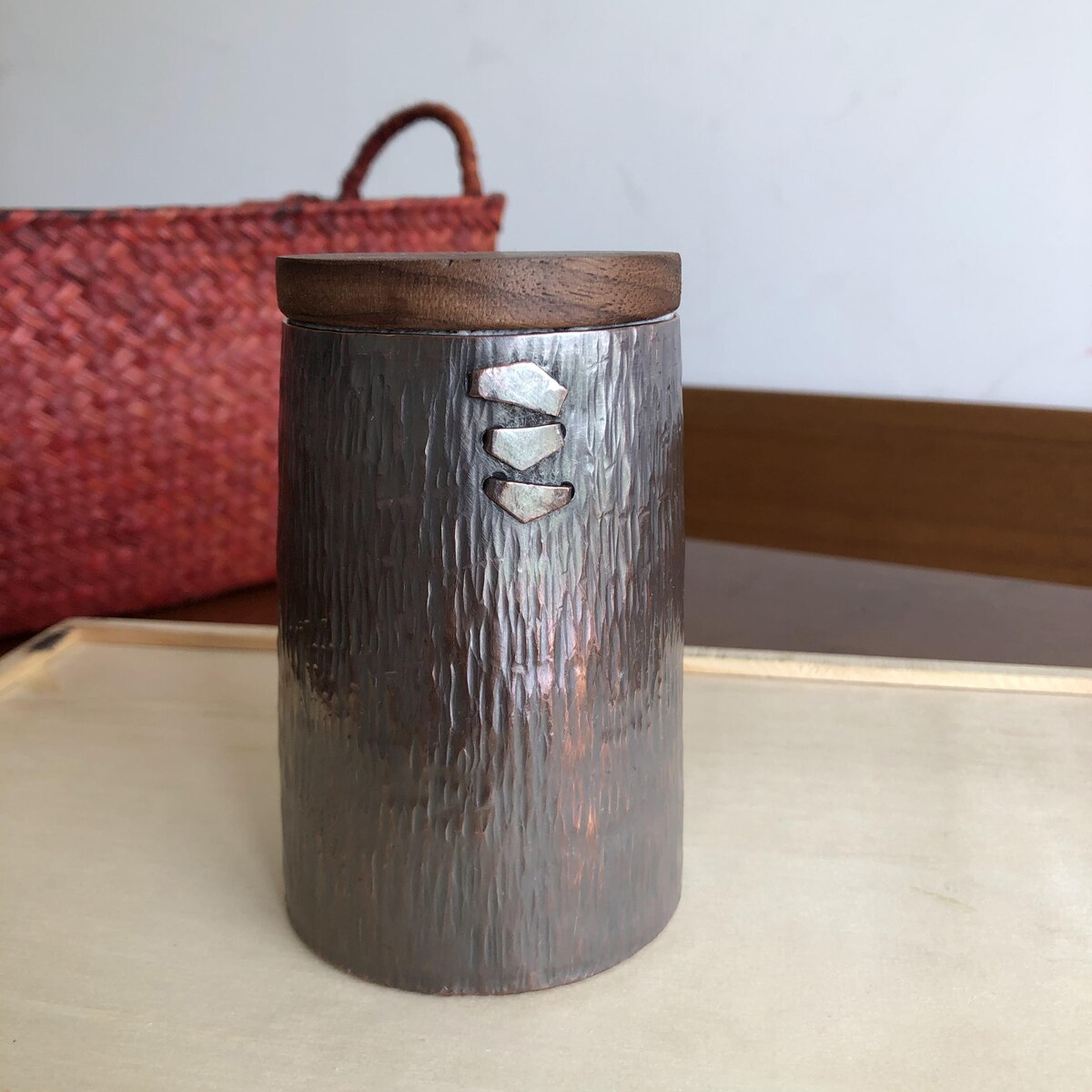 Pure Copper Jar Sealed Container Tea Coffee Handcrafted Hammered Storage Bin Walnut Lid Canister