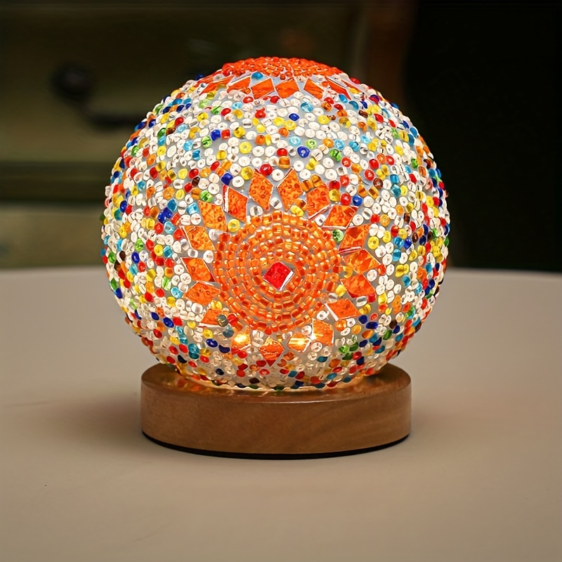 Mozaïek glazen bol tafellamp, bollamp met houten voet, turkse marokkaanse ronde kleine lamp voor slaapkamer, woonkamer en huisdecoratie.