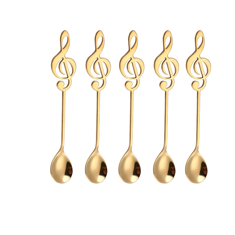 Spklifey musikske 7 farver guld teske scoop sæt 5 stk rustfrit stål kaffeske til teselskab: Guld 5 stk