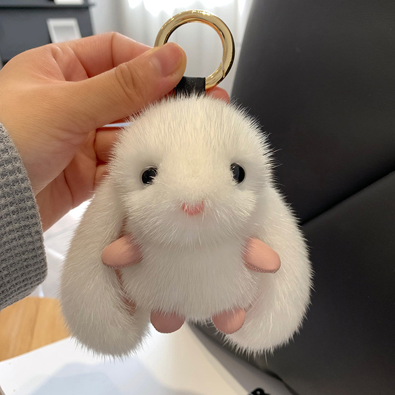 Cute Fluffy Rabbit Keychain Ring Plush Pompon Bunny Bag Pendant For Couple Car Key Ring Jewelry: WHITE