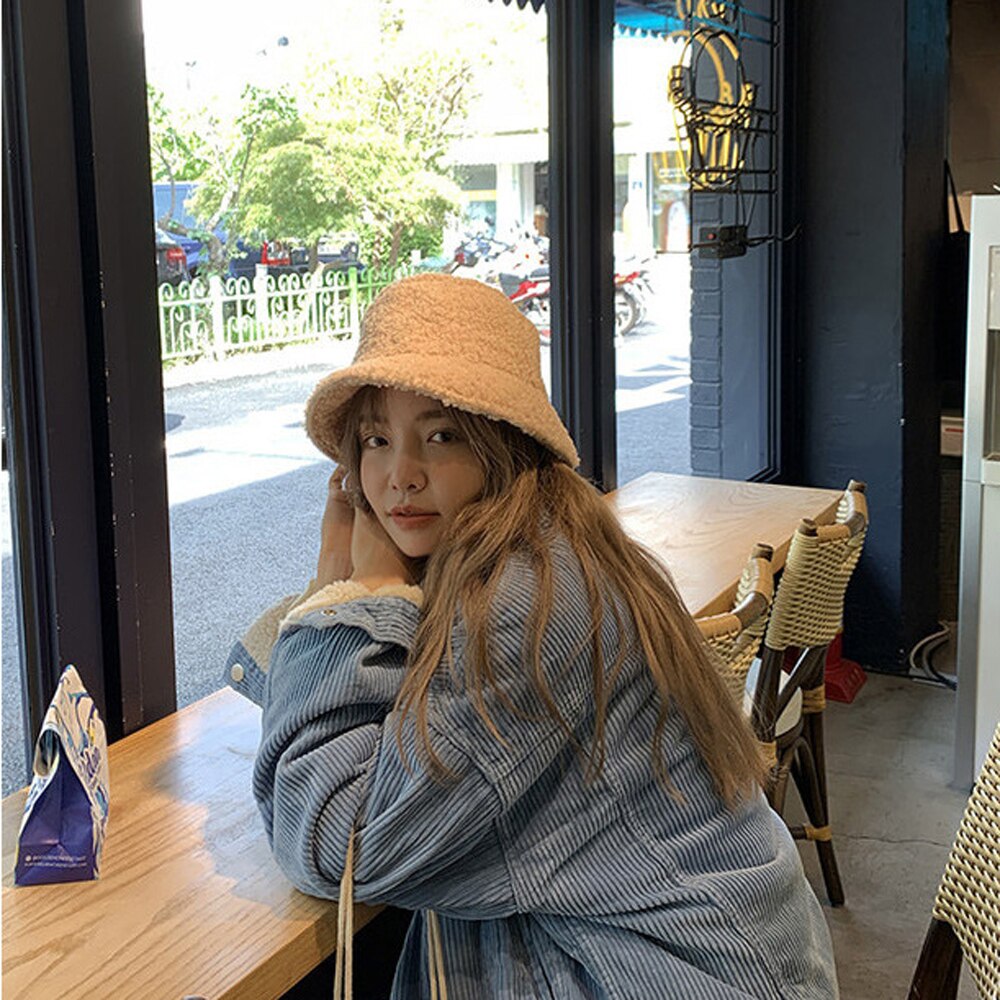 2022 Unisex Bucket Hat Graffiti Solid Women Men Fishing Fisherman Hat Autumn Winter Lamb Wool Outdoor Warm Panama Cap