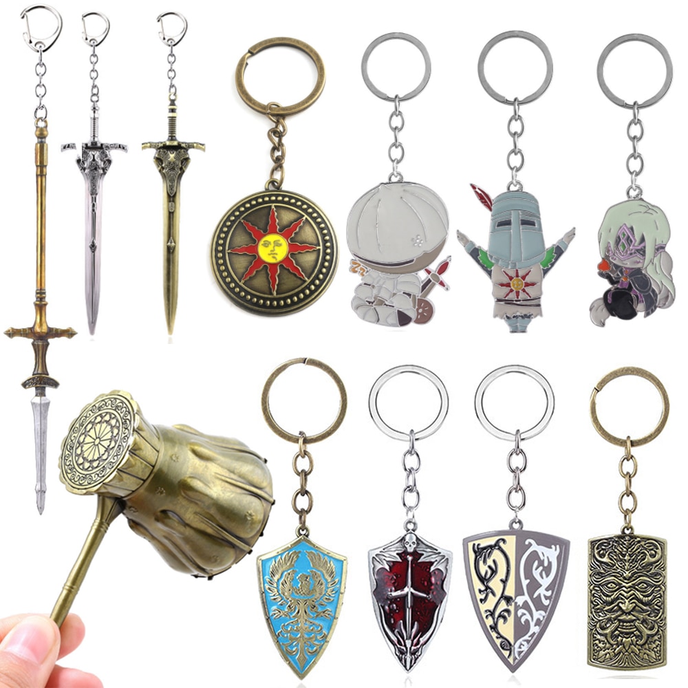 Jogo dark souls chaveiro sol cavaleiro escudo ornstein artorias espada smough martelo chaveiro pingente cosplay jóias