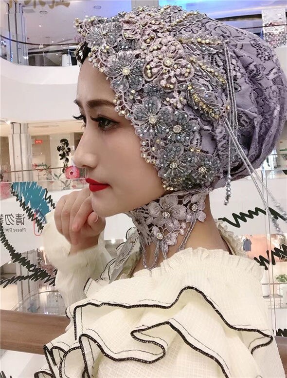 Boutique Handwork Muslim Bride Lace Wedding Party Hijabs Caps 2pcs/set