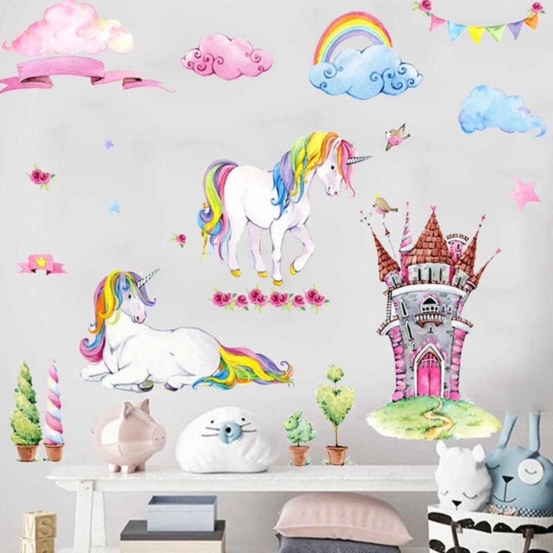 Cartoon Rainbow Unicorn Wall Stickers For Kids Room Girls Bedroom Window Nursery Decor Kindergarten Scene Layout Stickers