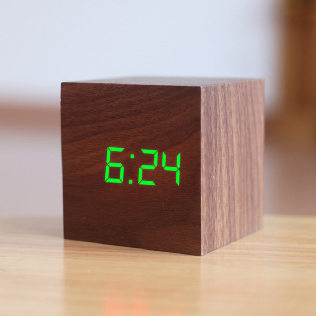 Qualified Digital Wooden LED Alarm Clock Wood Retro Glow Clock Desktop Table Decor Voice Control Snooze Function Desk: N