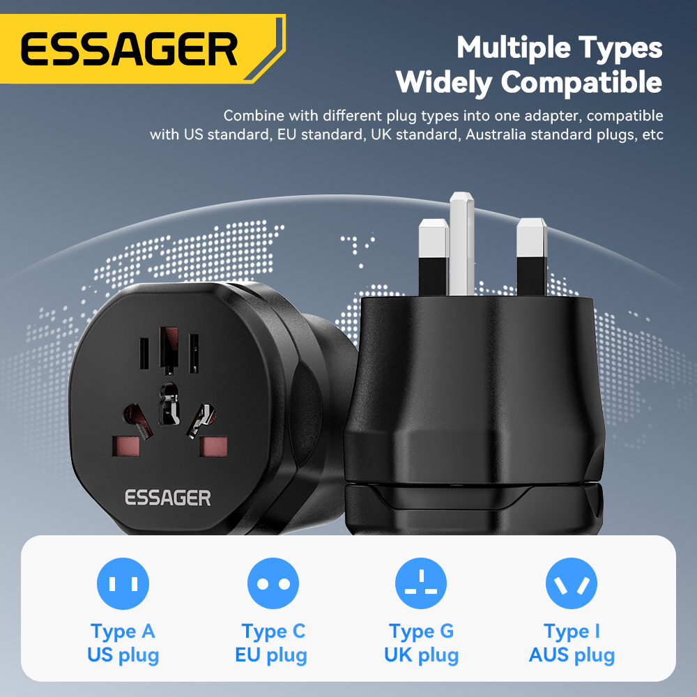 Essager reisstroomadapter US UK mannelijk naar EU US UK AU vrouwelijke stekker Universele conversie reisstekker met bescherming deuroplader