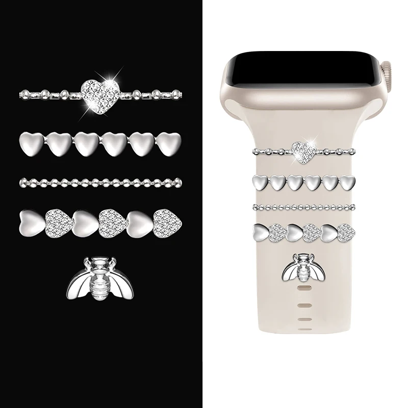 Anillo decorativo de correa de para Apple Watch, adorno de diamante, decoración de pulsera, dijes de Metal, accesorios de correa de silicona: BLACK WHITE