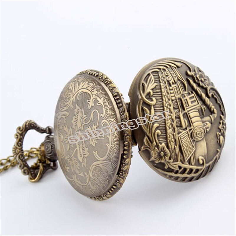 Vintage bronzen treinfront locomotief motor ketting quartz zakhorloge ketting  p07 met doos relogio de bolso