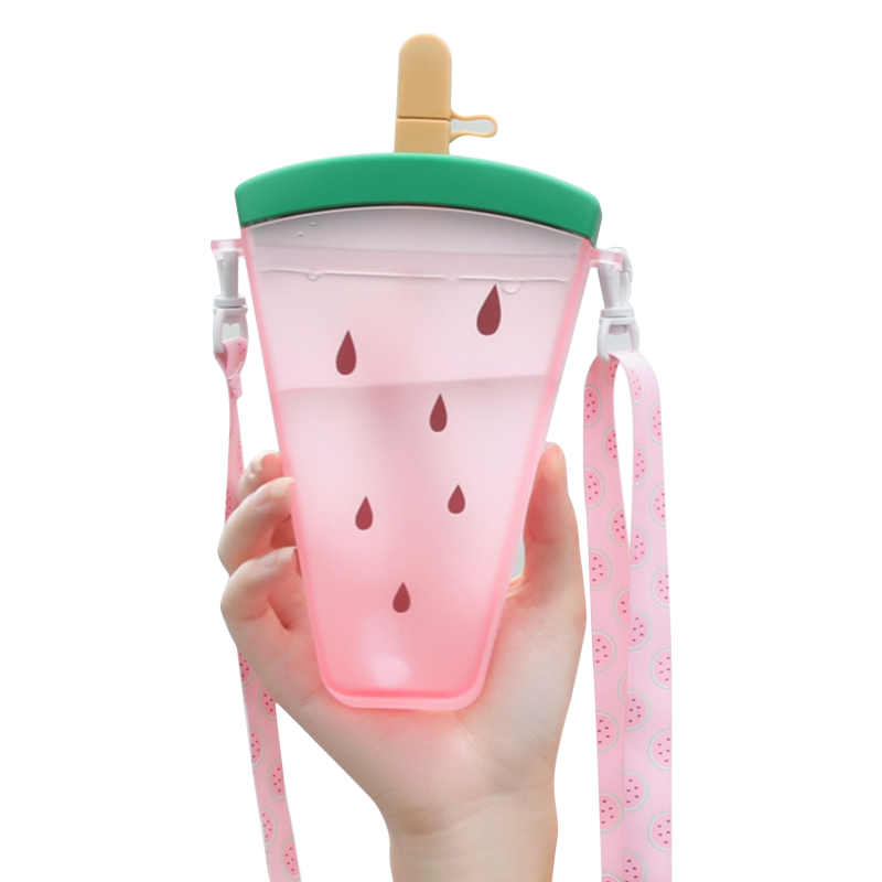 Plastic Water Bottles Cute Watermelon Ice Cream Water Bottle With Straw Bottle Anti-fall Portable Popsicle Cup Kids Water