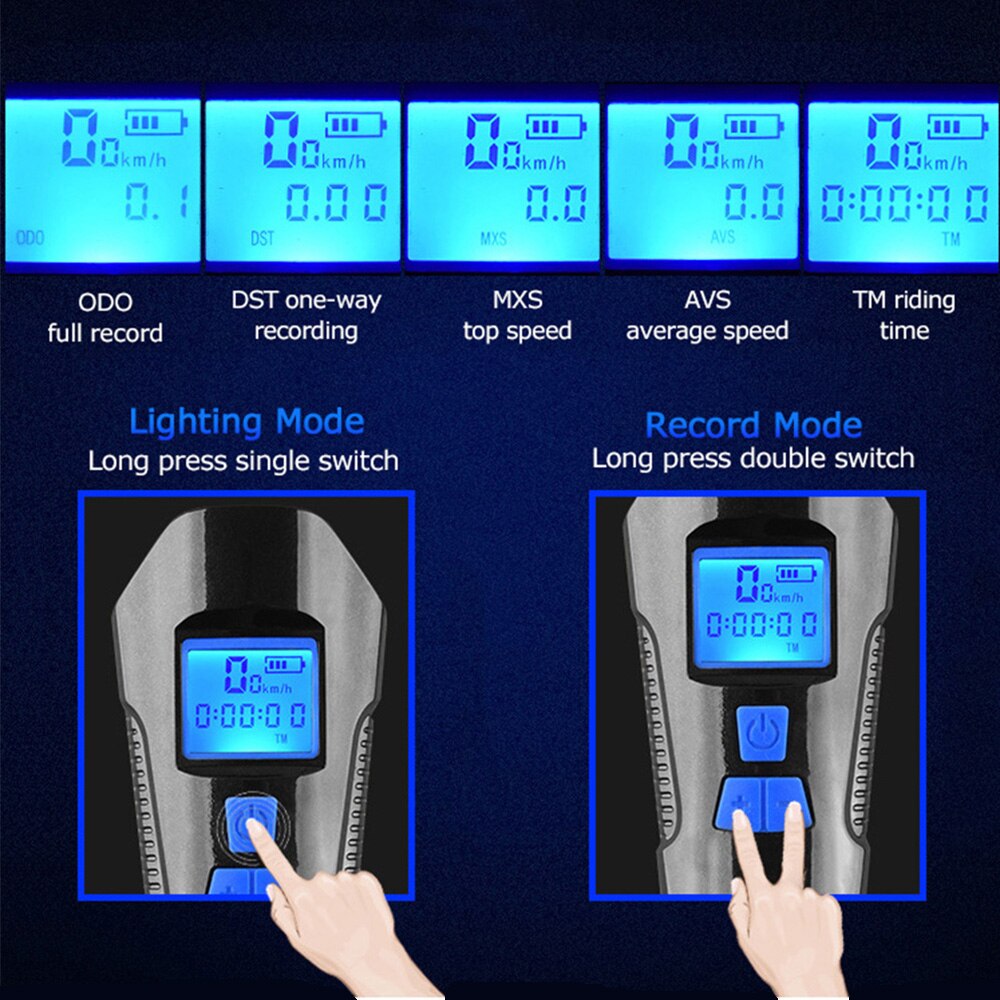4 modo usb bicicleta luz da lâmpada & bicicleta computador 6 modo chifre lanterna ciclo velocímetro led luzes dianteiras ciclismo farol