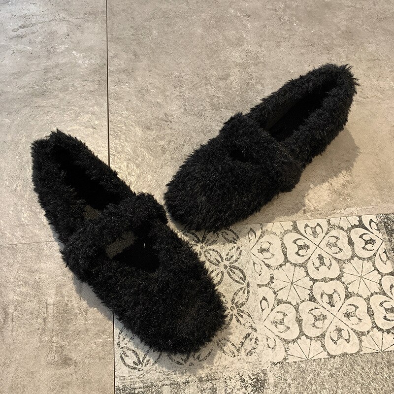 Hook & loop fritidsskor kvinna vårbaletter plattor slip on dam skor varm plysch päls lägenheter dam loafers: Svart / 5