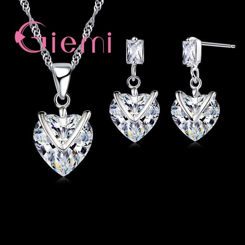 Top Verloving 925 Sterling Zilveren Sieraden Sets Hart Shining Crystal Leuke Hanger Ketting Vrouwen Oorbel