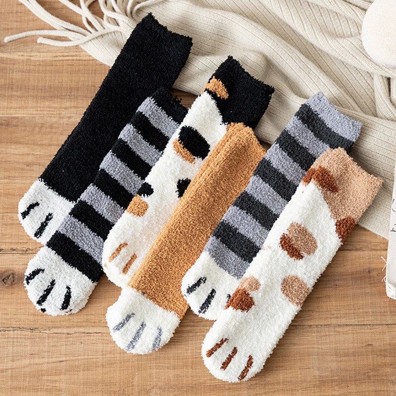 Women Plush Fleece Socks Cartoon Cat Claws Thickened Autumn Winter Warm Socks WHShopping